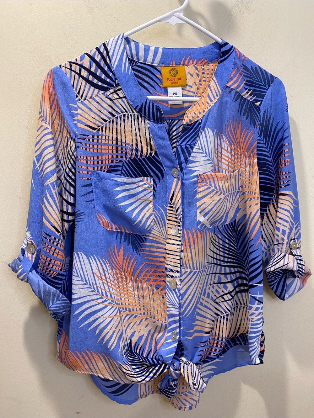 Ruby Rd. Blue Tropical Leaf Tie-Front Button Shirt Sz PS